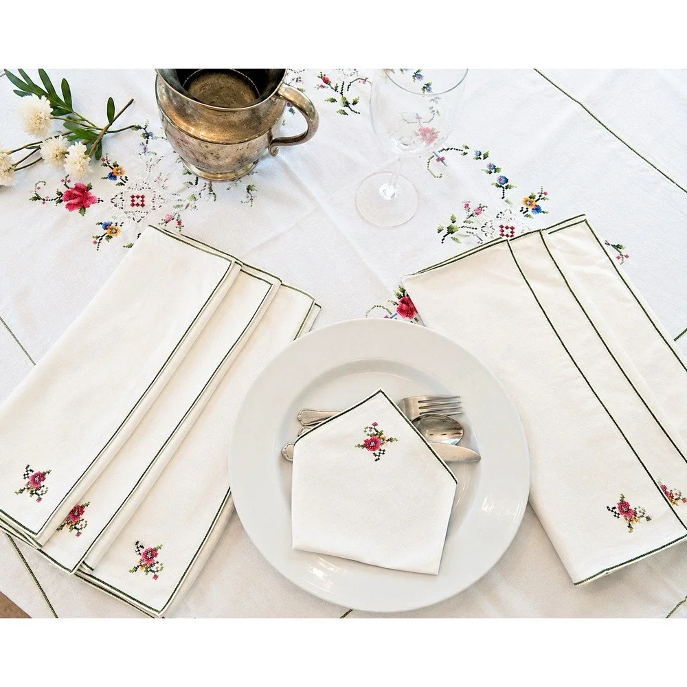 Vintage Hand Embroidered Linen Cross Stitch Tablecloth 7 Napkins Floral 63 x 63